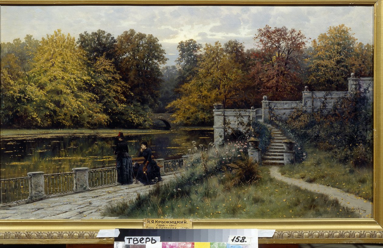 Lazienki Park (Warszawa, Polen). Målning av Konstantin Yakovlevich Kryzhitsky (1858-1911), olja på duk av Konstantin Yakovlevich Kryzhitsky