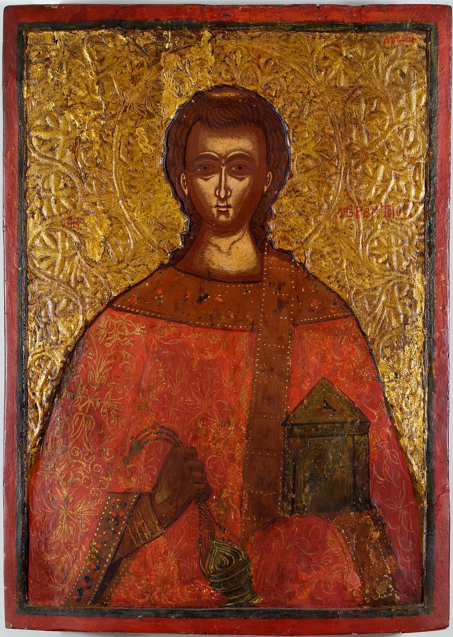 Saint Laurent (Saint Lawrence) - Ikon av Konstantinos Adrianoupolitis (aktivt 1600-tal), tempera på trä av Konstantinos Adrianoupolitis