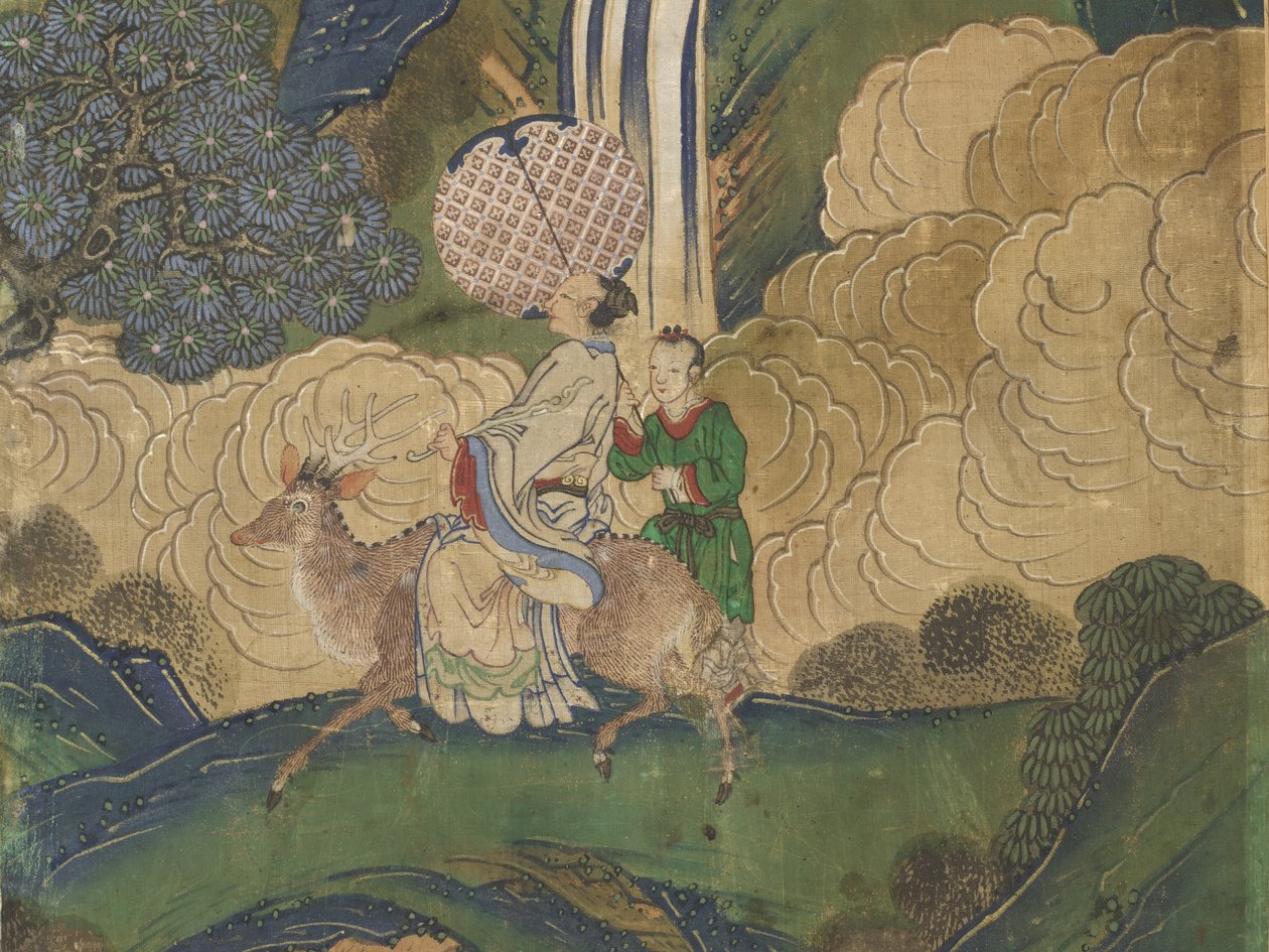 Gäst anländer, detalj från The Banquet of Seowangmo, ca 1800 (bläck, färg och guld på siden) av Korean School