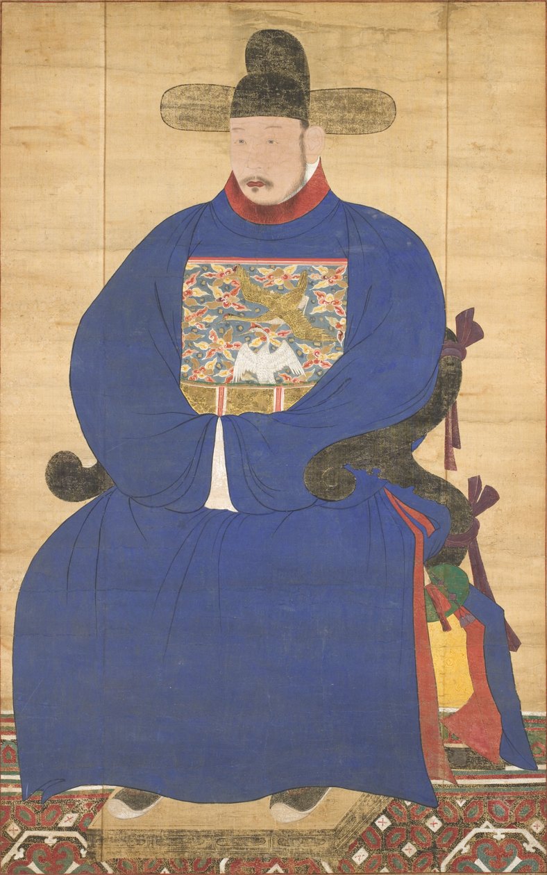 Portrait of a Meritorious Subject, 1700-talet (hängande rulle monterad som panel, bläck och färg på siden) av Korean School
