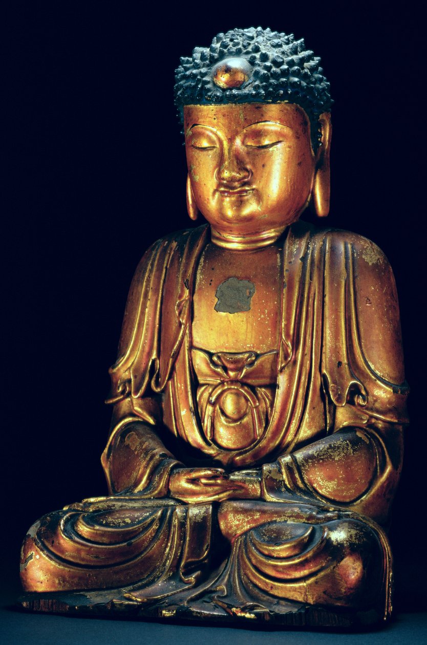 En figur av den sittande Buddha (guldlack) av Korean School