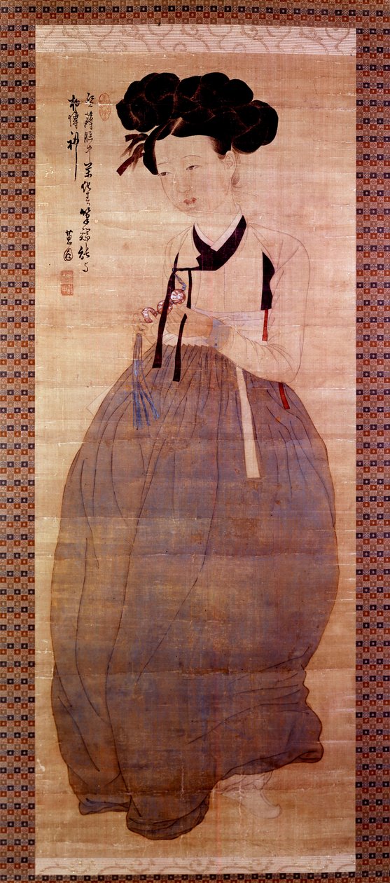 Art Coreen: Porträtt av geisha (Corean flicka i geishadräkt). Tryck från 1758. Privat samling. av Korean School