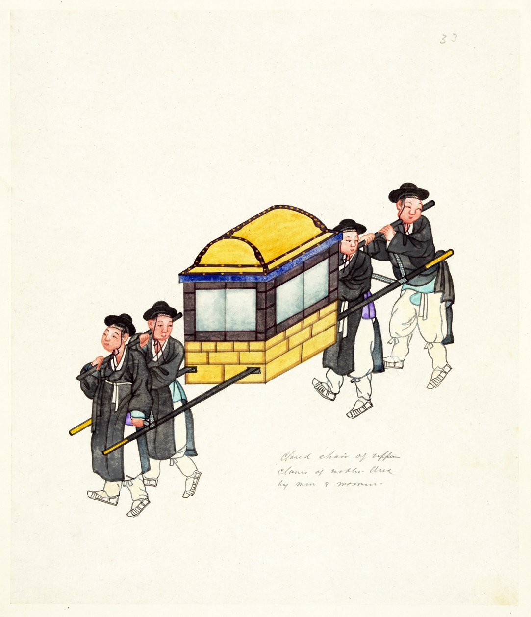 Exempel på en innesluten Palanquin, publicerad c.1890 (handfärgad gravyr) av Korean School