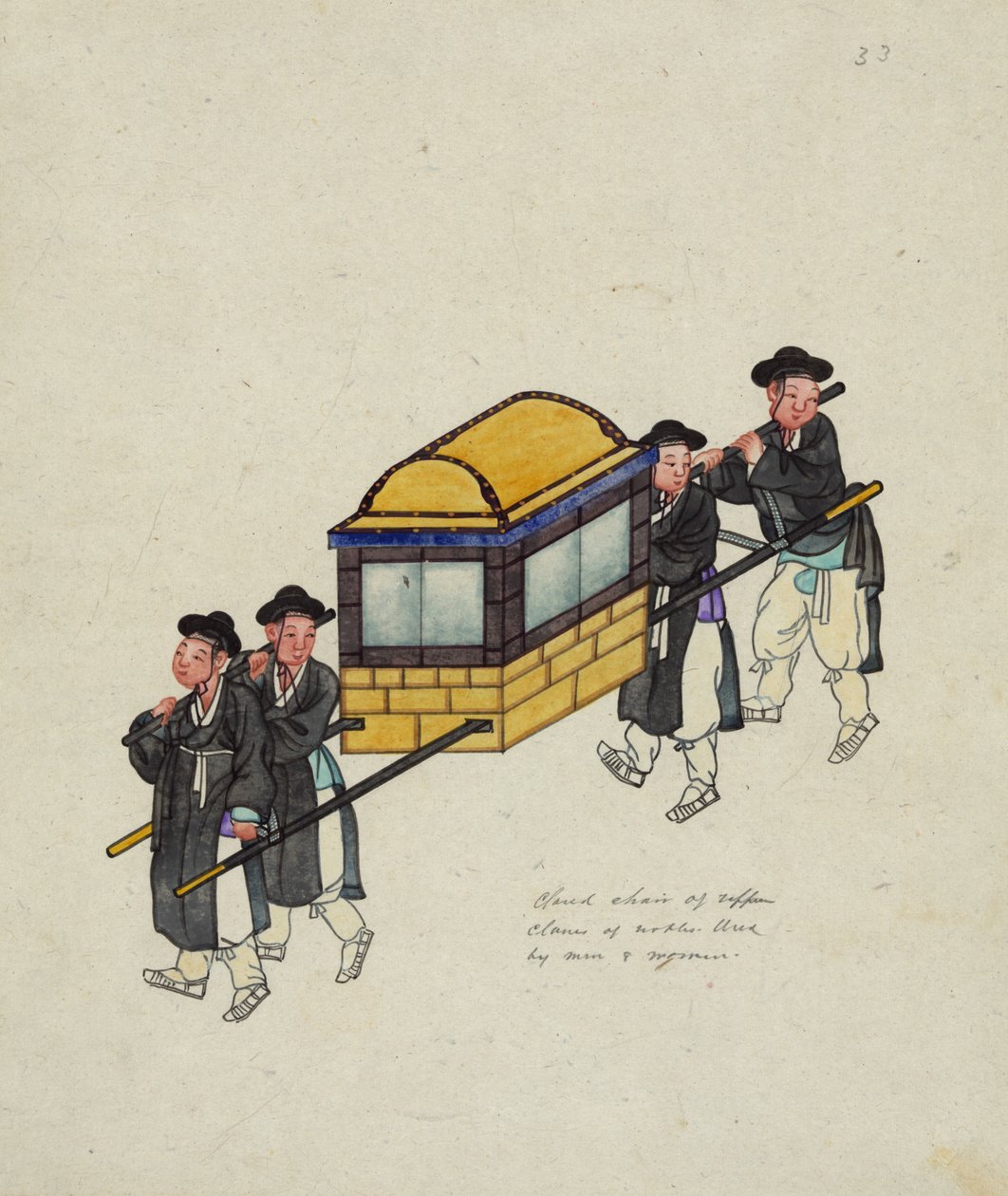 Fyra bärare som bär en tjänsteman i en "gama" eller palanquin, c.1890 av Korean School