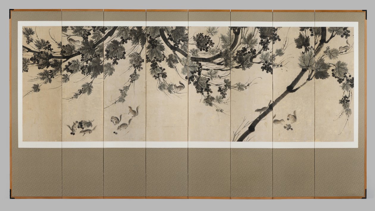 Grapevines and Chipmunks, c.1800 (Skärm med åtta paneler: bläck på papper) av Korean School