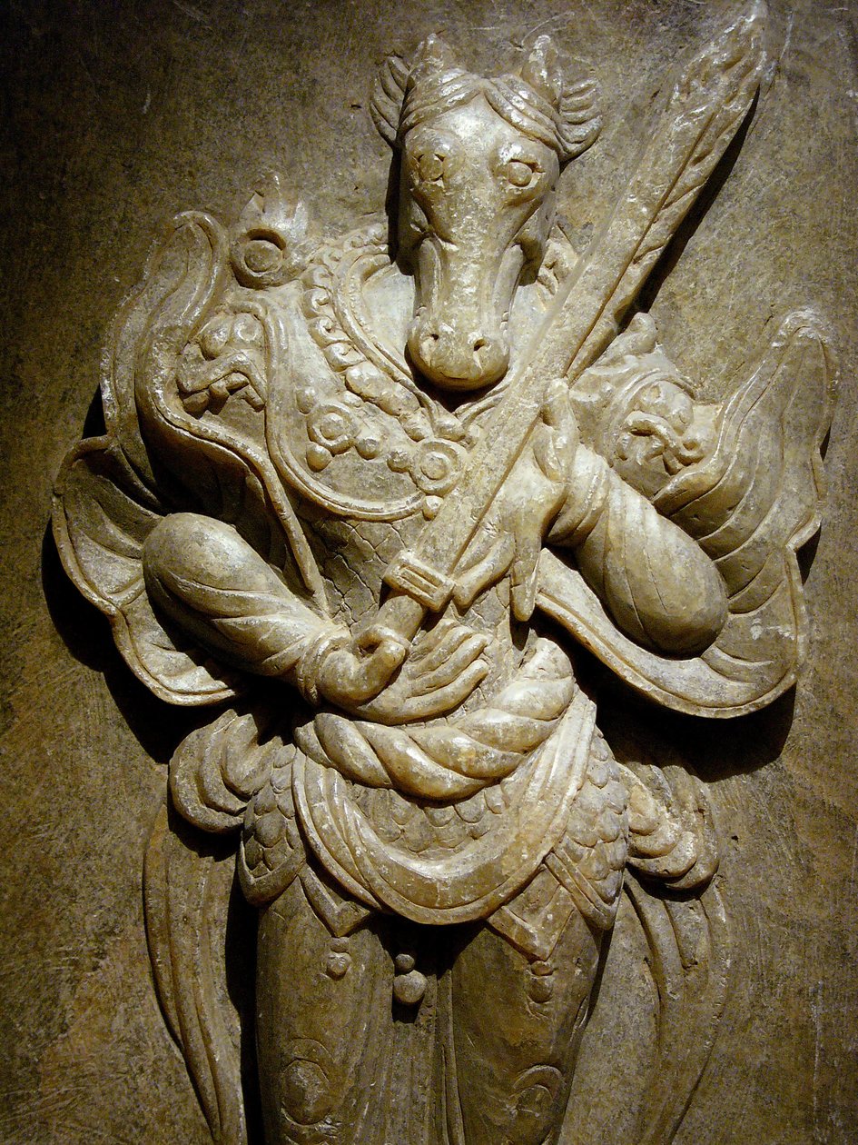 Gravprydnad, stjärnteckenhäst på agalmatolit, 800-talet under perioden för de norra och södra kungadömena, Korea. Fotografi, Seouls nationalmuseum, Republiken Korea av Korean School