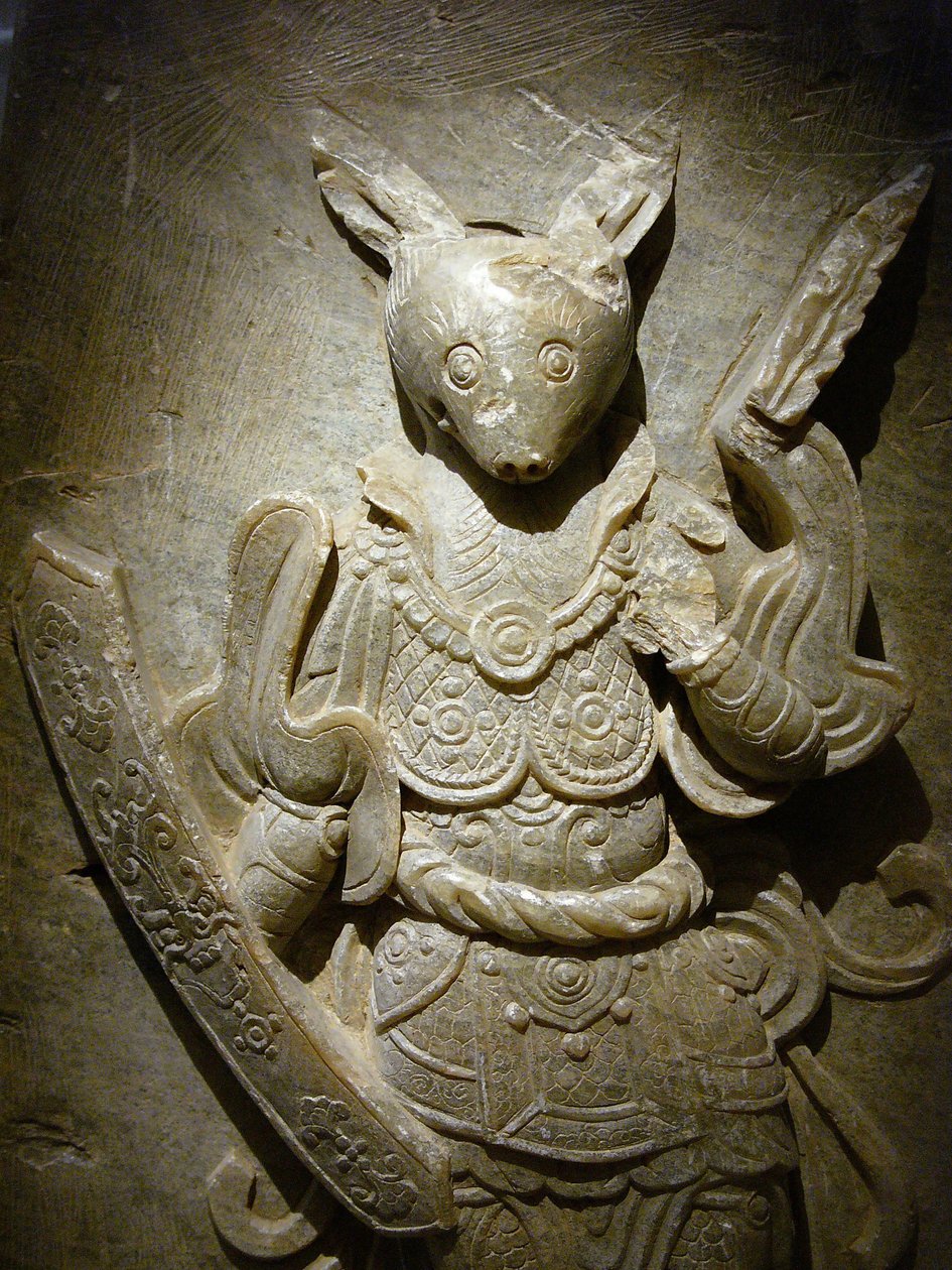 Gravprydnad, zodiakkanin på agalmatolit, 800-talet under perioden för de norra och södra kungadömena, Korea. Fotografi, Seouls nationalmuseum, Republiken Korea av Korean School