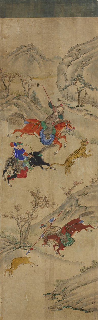 Jaktscen (3 ryttare som jagar rådjur och tiger) (wc på papper) av Korean School