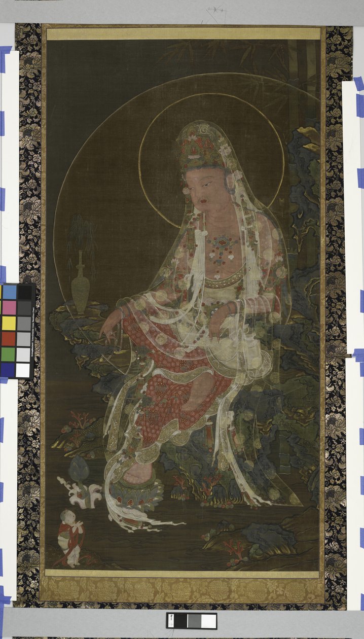 Pilgren Bodhisattva Avalokiteshvara (Kwanseûm Posal) Sittande i en paradisträdgård, Koryo-dynastin (bläck, färg & guld på siden) av Korean School