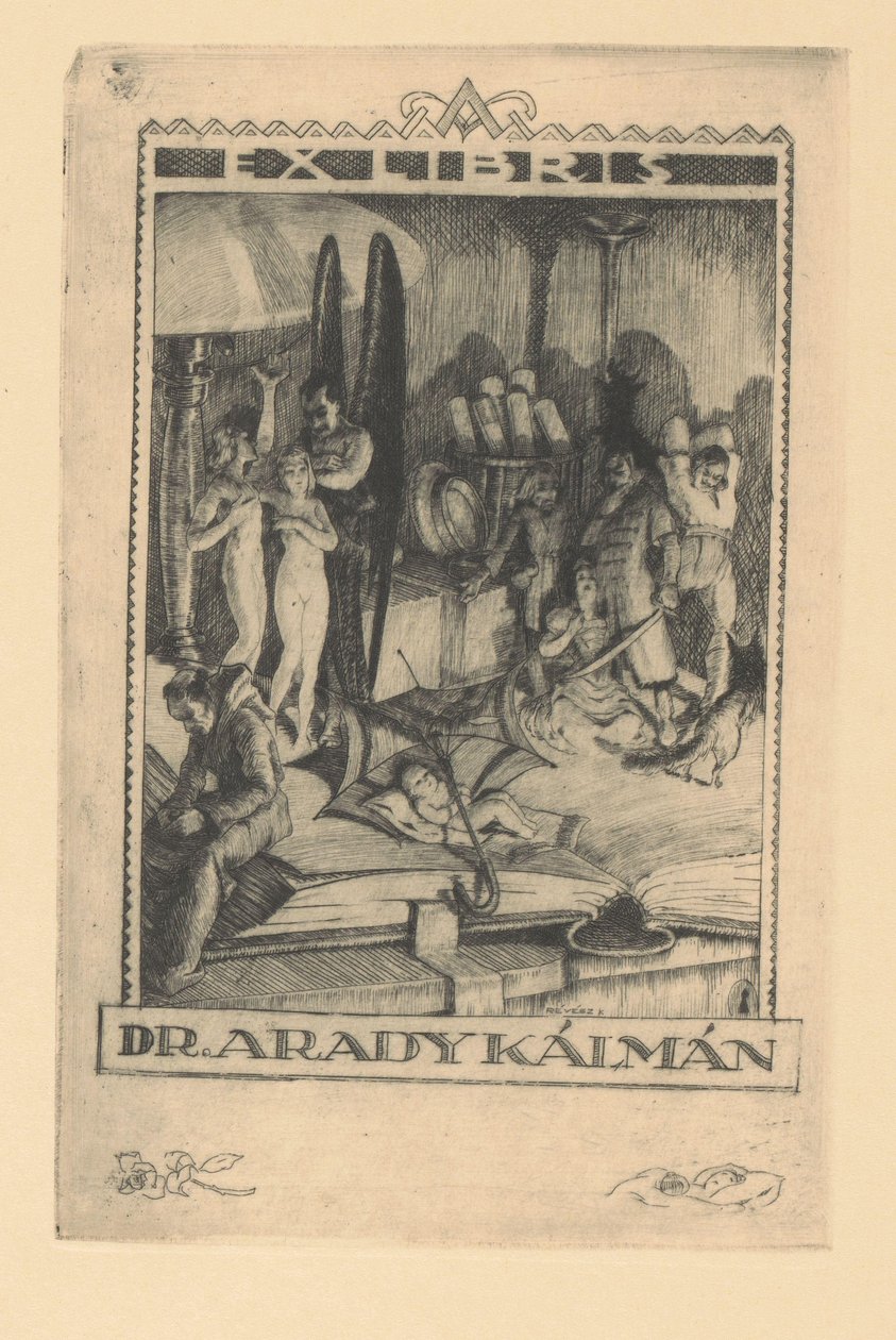 Kálmán Arady har ett ex libris Ex libris dr. Kálmán Arady (titel på objekt) av Kornél Révész