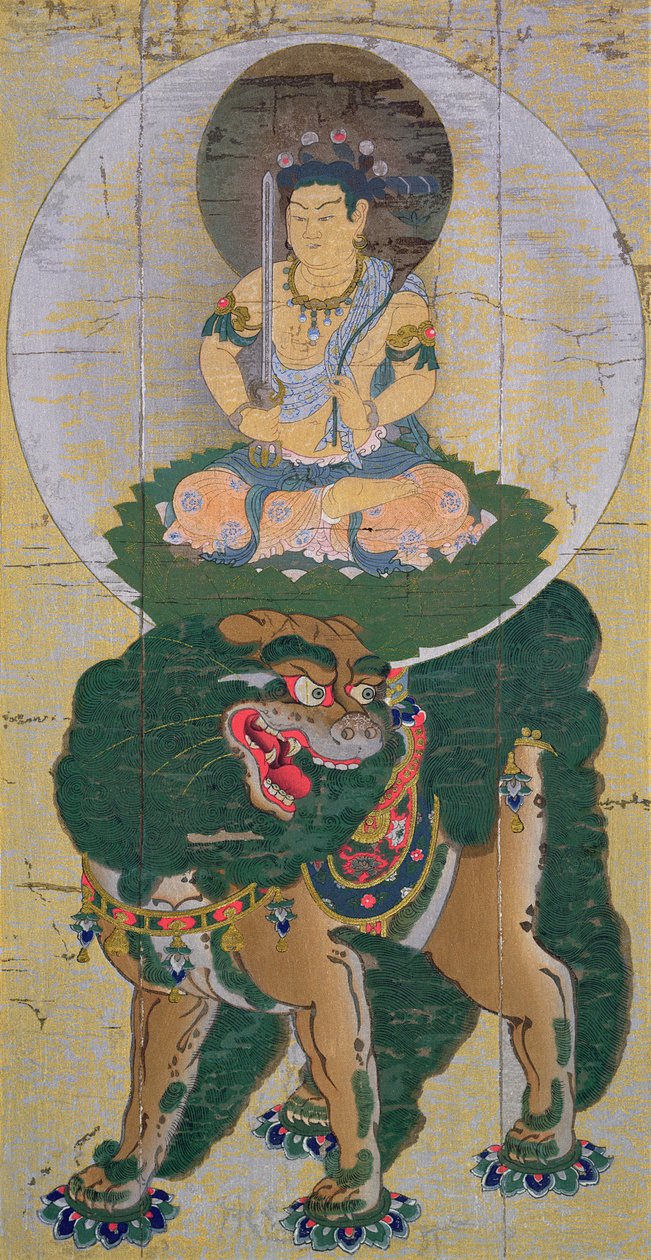 Bodhisattva Manjushri som rider på ett lejon som andas ånga, illustration efter en kakemono från 1000-talet från Kozan-Jis tempel vid Yamashiro, publicerad i The Kokka magazine, maj 1904 ( av Kose no Hirotaka