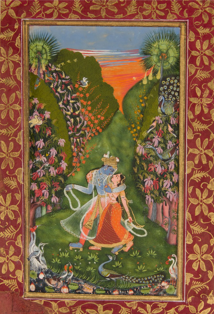 Radha och Krishna går i en blommande lund recto, Krishna Fluting verso, c1720 r, c1750-75 v av Kota Master