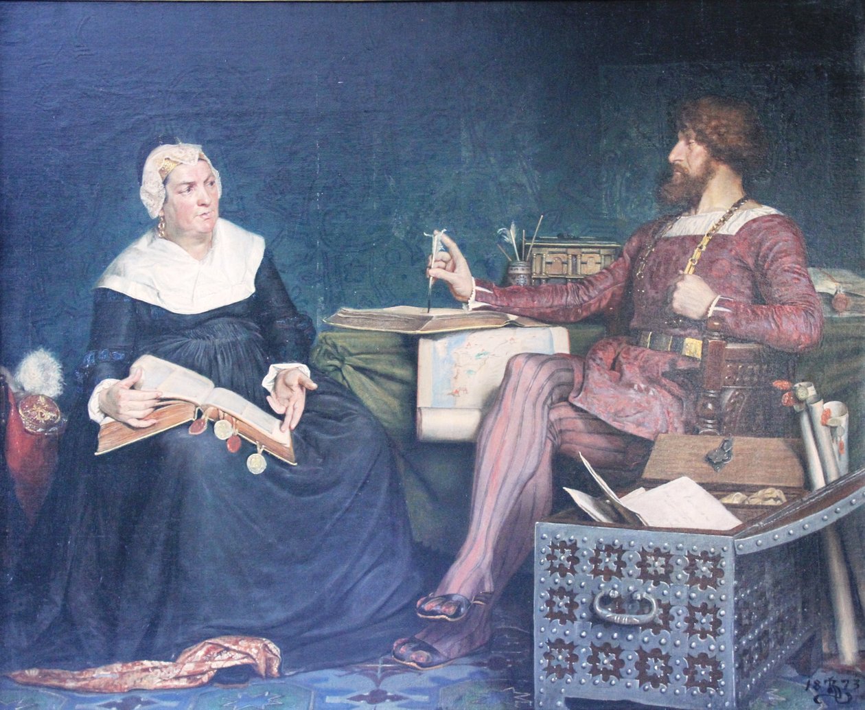 painting of a scene where Sigbrit reviews the custom accounts together with king Christian II of Denmar av Kristian Zahrtmann