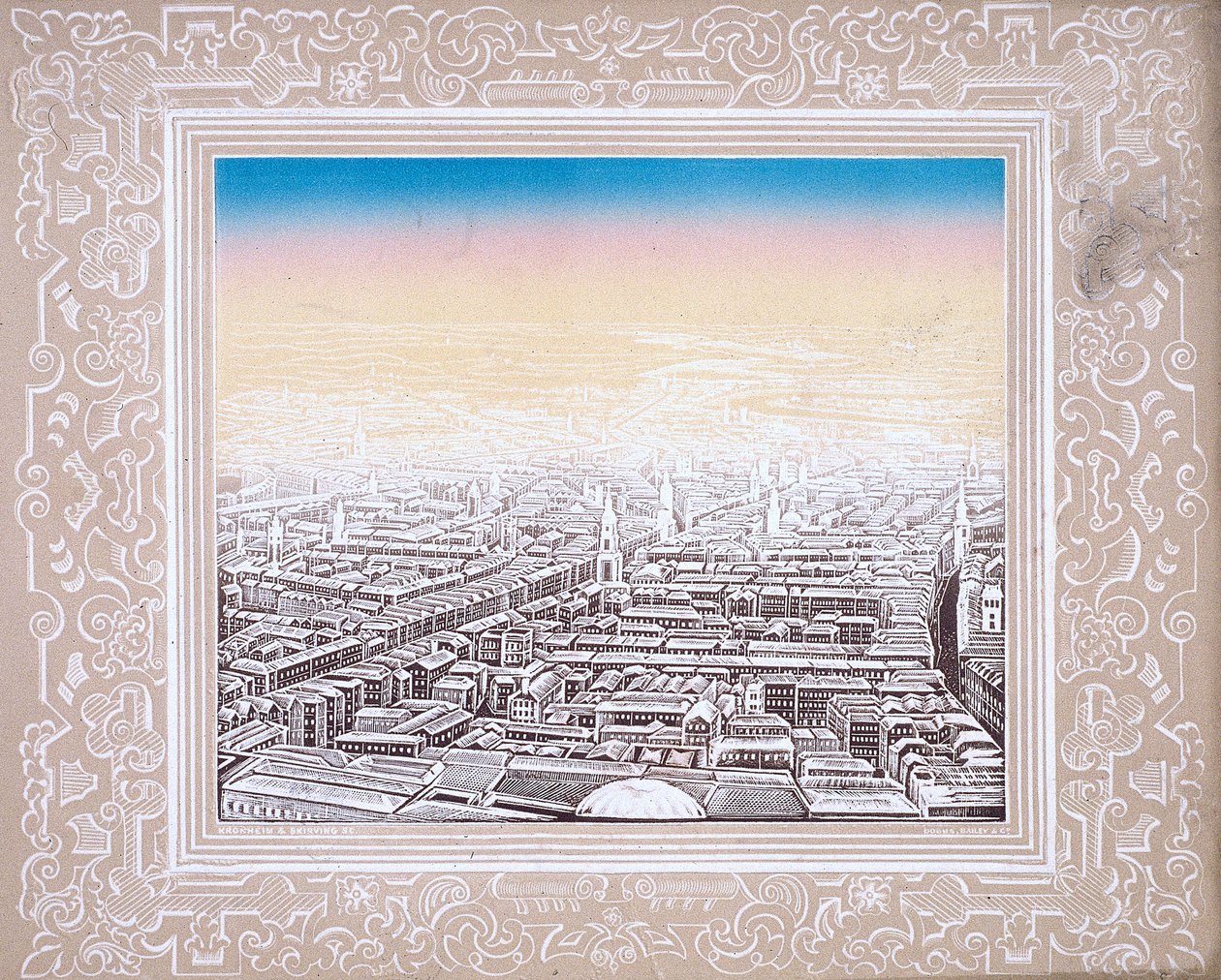 Flygfoto över London inramad i en dekorativ bård, c1845 av Kronheim and Co