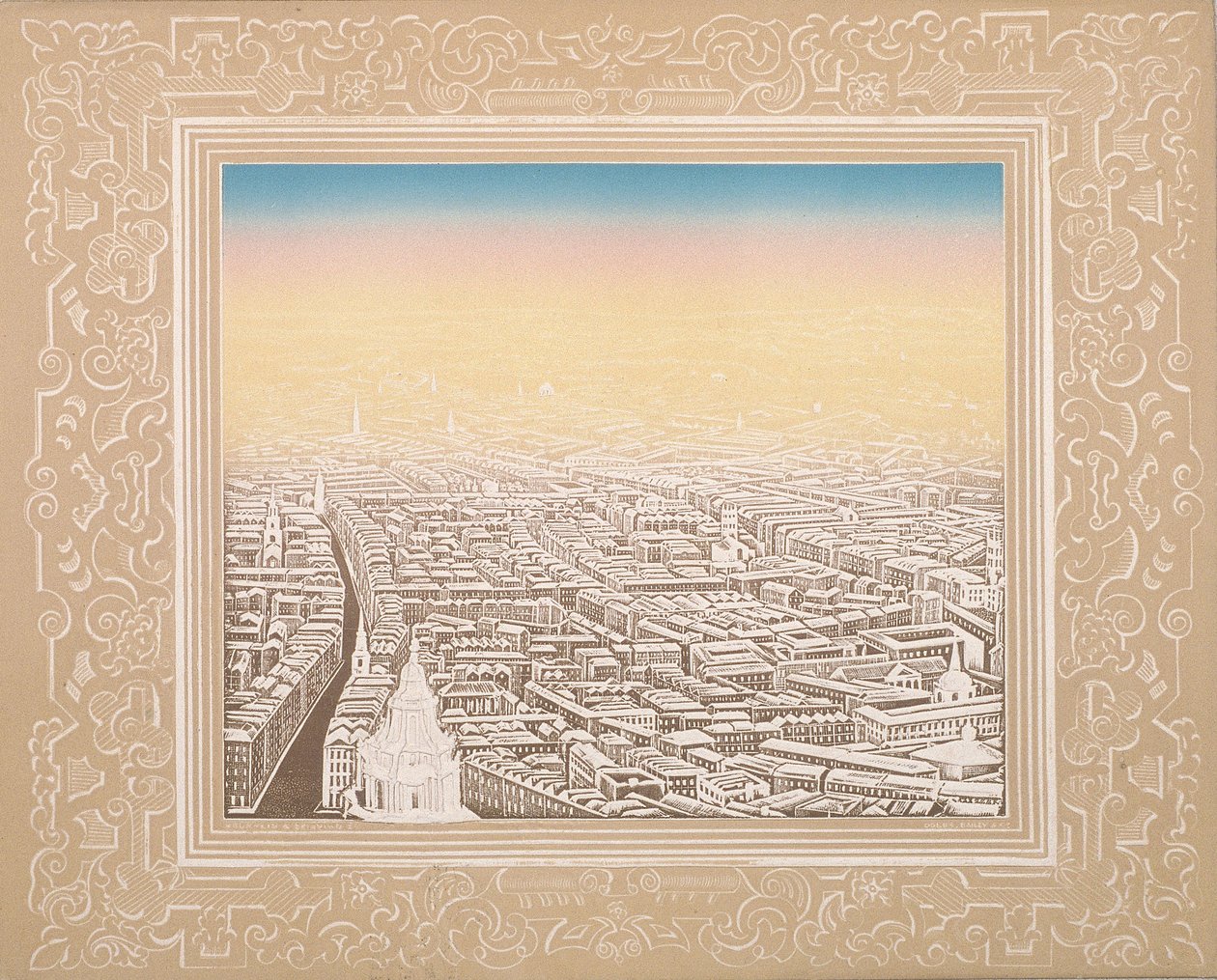 Flygfoto över London inramad i en dekorativ bård, c1845 av Kronheim and Co