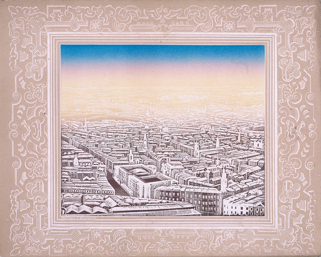 Flygfoto över London med dekorativ bård, c1845 av Kronheim and Co
