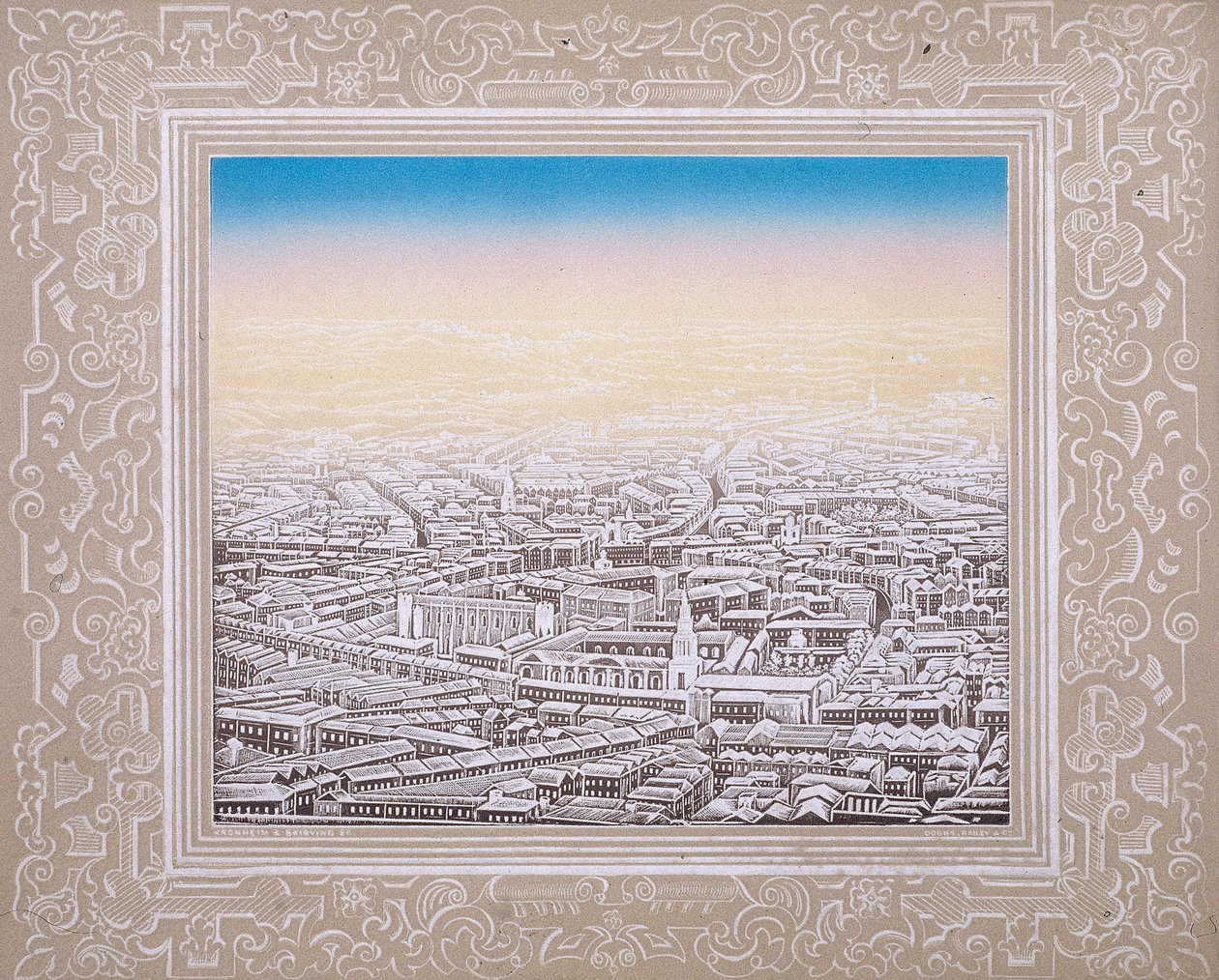 Flygfoto över London med dekorativ bård, c1845 av Kronheim and Co