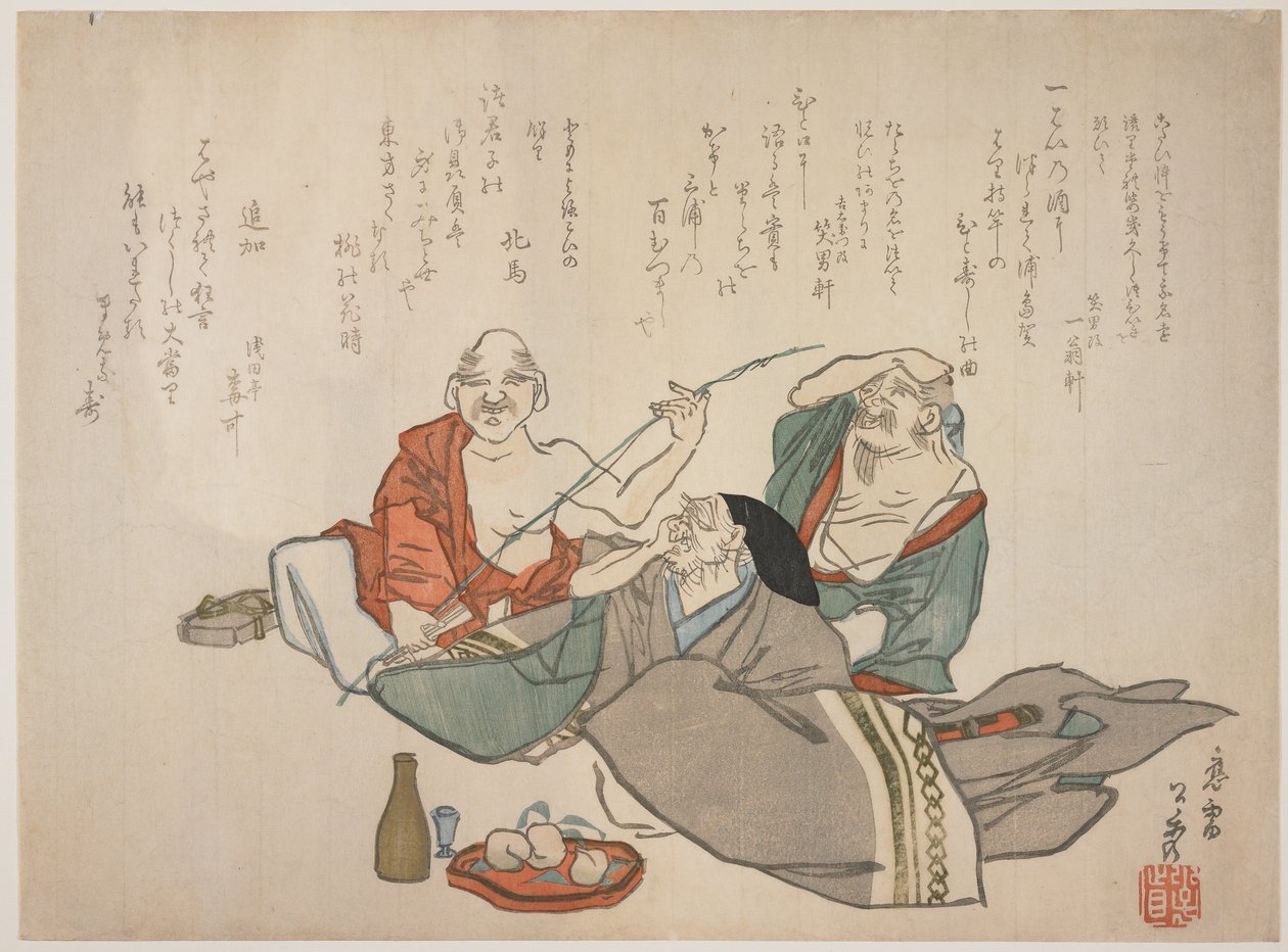 Tre gamla män som dricker, ca 1844-53 (färgsnitt) av Ksh
