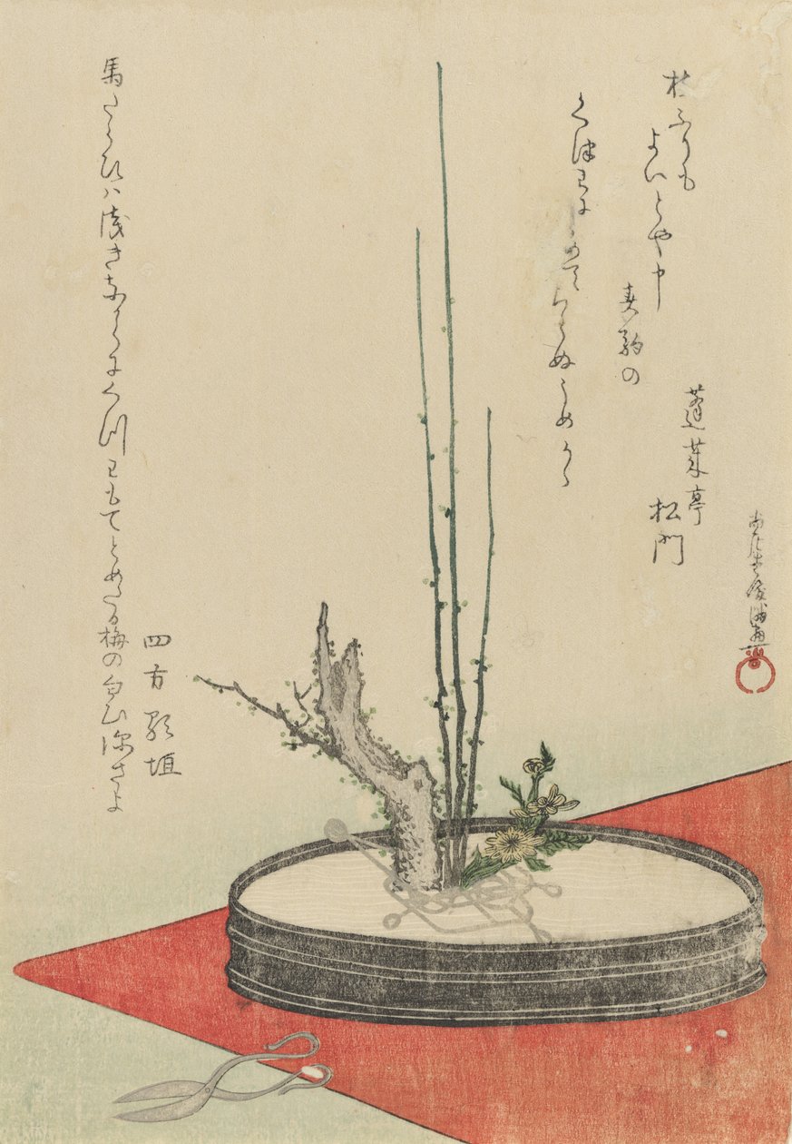 Arrangemang av plommon, Fukujuso Adonis blomma och sax, 1798. av Kubo Shunman
