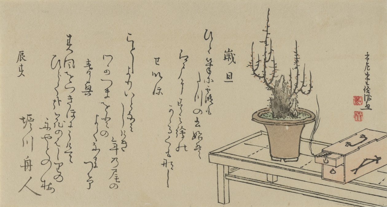 Bonsai plommonträd på bänk och låda, 1796. av Kubo Shunman