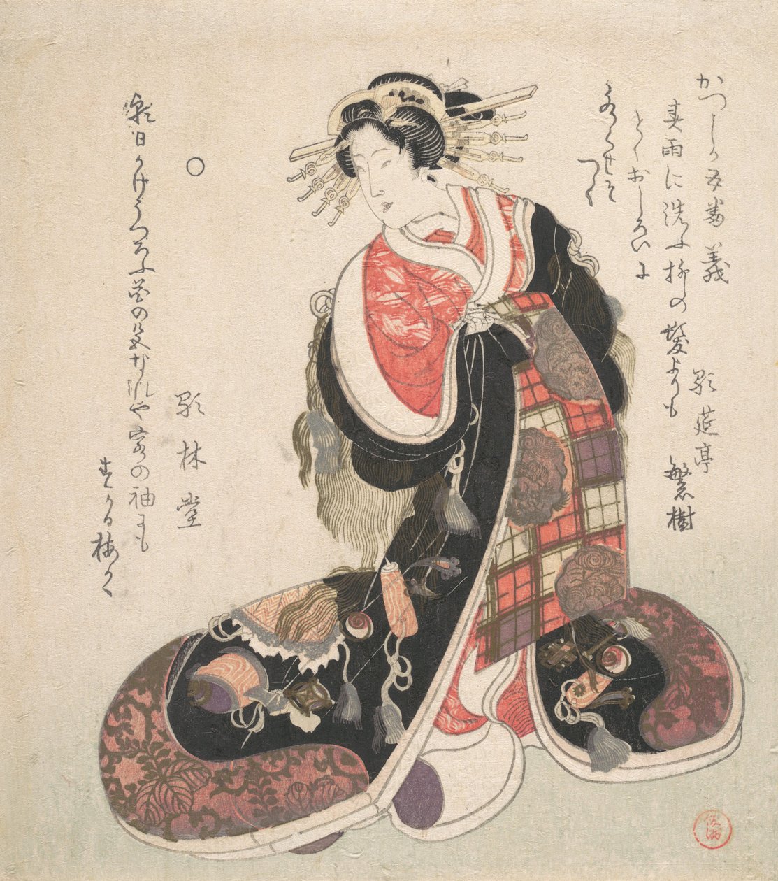 Courtesan klädd i en utarbetad klänning broderad med emblem av lycka, ca. 1800. av Kubo Shunman