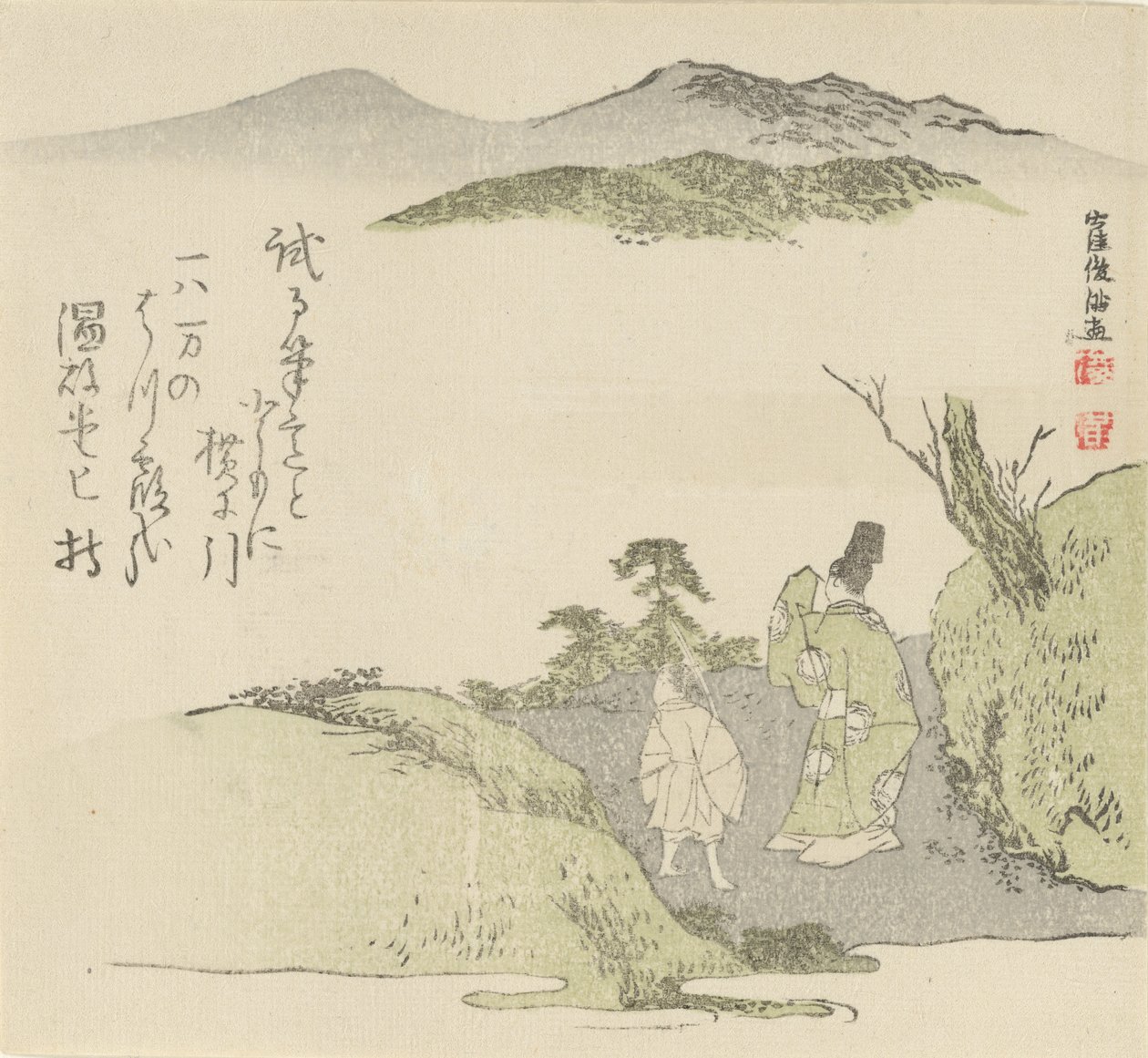 Hovman och ung skötare stirrar på ett landskap, 1796. av Kubo Shunman