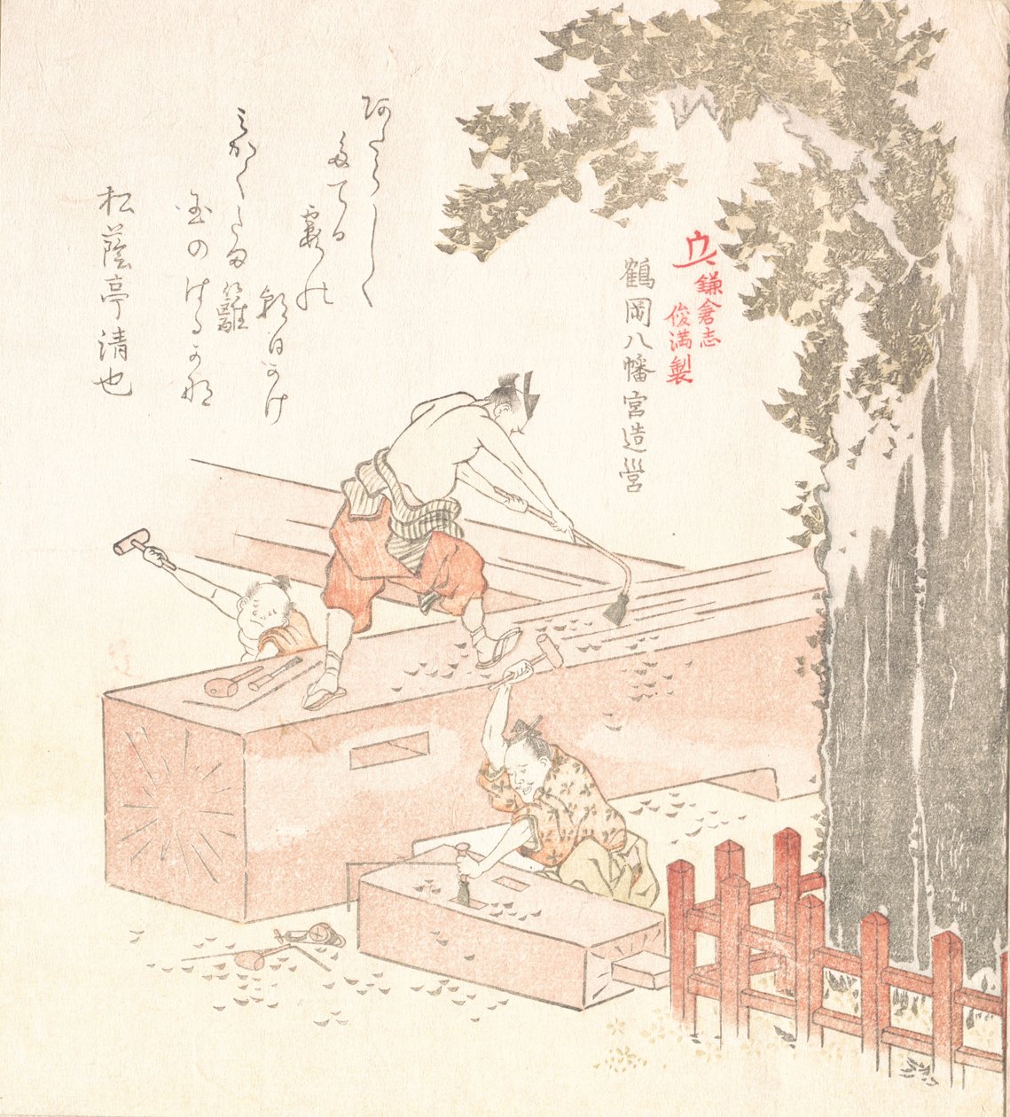 Historia om Kamakura: Bygga Tsurugaoka Hachiman Shrine, sent 1700-tidigt 1800-tal. av Kubo Shunman