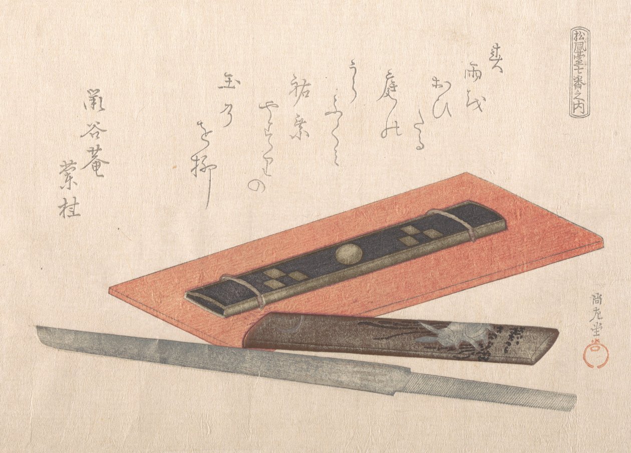 Kniv och två knivhandtag, 1800-tal. av Kubo Shunman