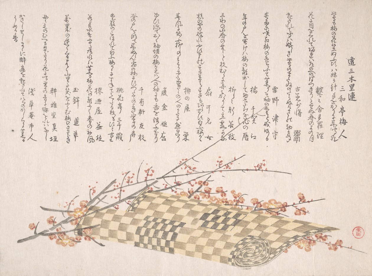 Plommongrenar med blommor och en rullmatta, 1800-talet. av Kubo Shunman