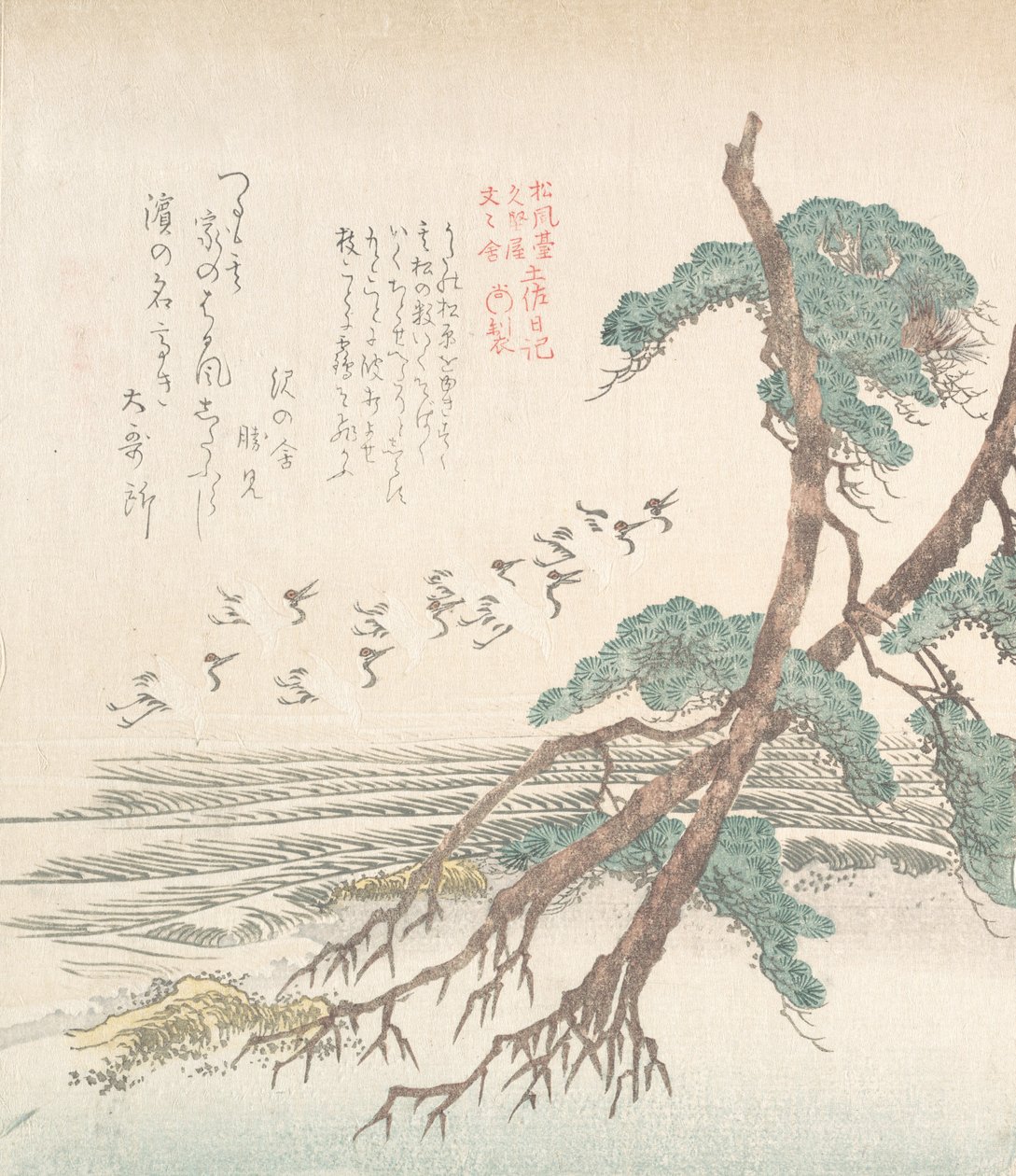 Havsnära landskap med tallar och flygande tranor, 1800-talet. av Kubo Shunman