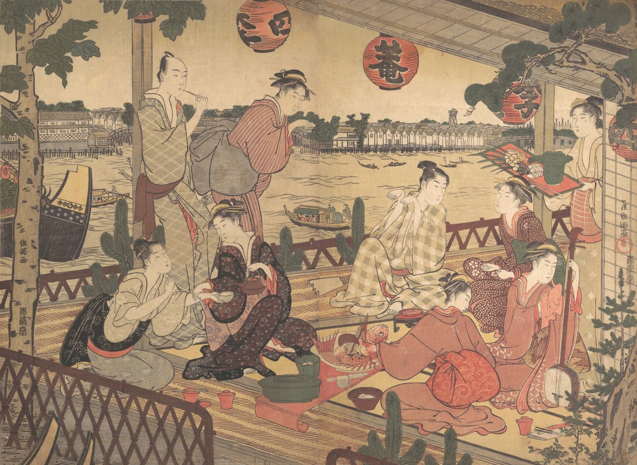 Två unga män och flera kvinnor som äter i ett tehus på stranden av floden Sumida, ca. 1788. av Kubo Shunman