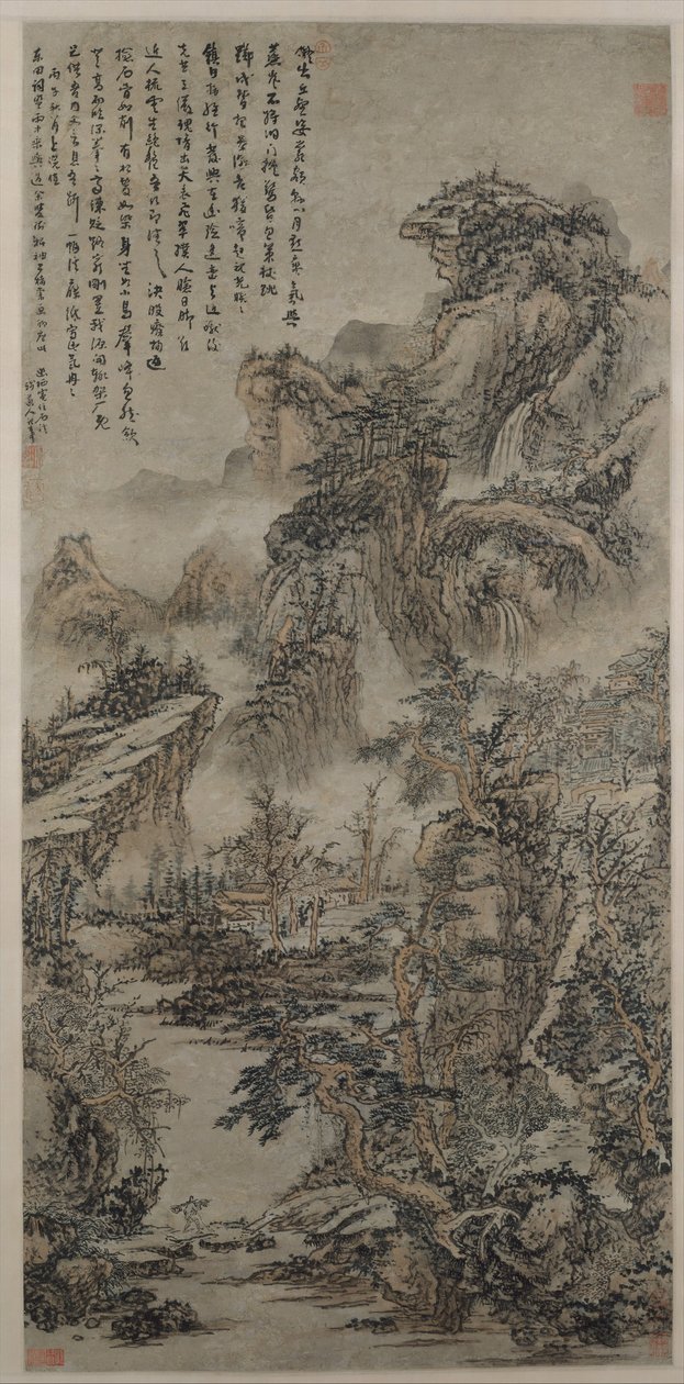Skogbevuxna berg i skymningen, daterad 1666. av Kuncan