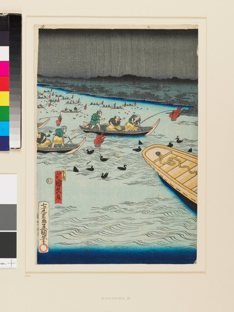 Fiske med skarvar på natten av Kunihisa II Utagawa
