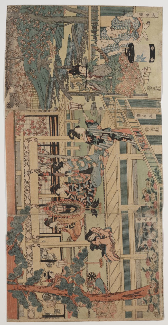 Förbipasserande njuter av en kvällskonsert (träsnitt i färg) av Kuninaga Utagawa