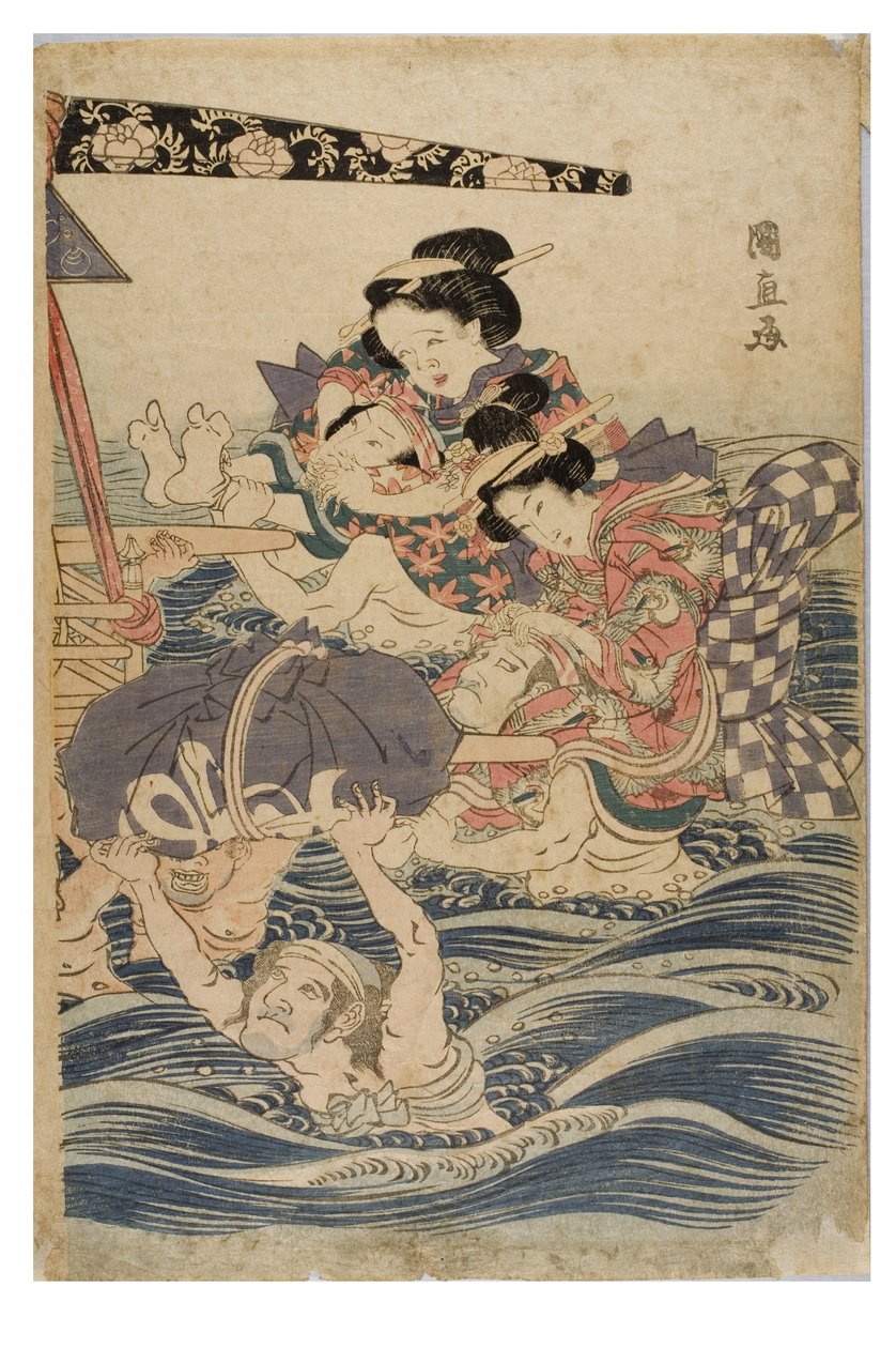 Vårscen med unga kvinnor på resa, ca 1786-1864 (träblocktryck på papper) av Kuninaga Utagawa