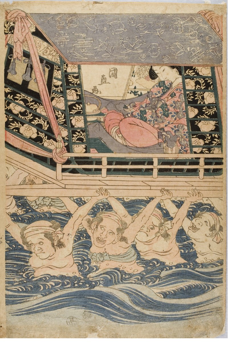 Vårscen med unga kvinnor på resa, ca 1786-1864 (träblocktryck på papper) av Kuninaga Utagawa