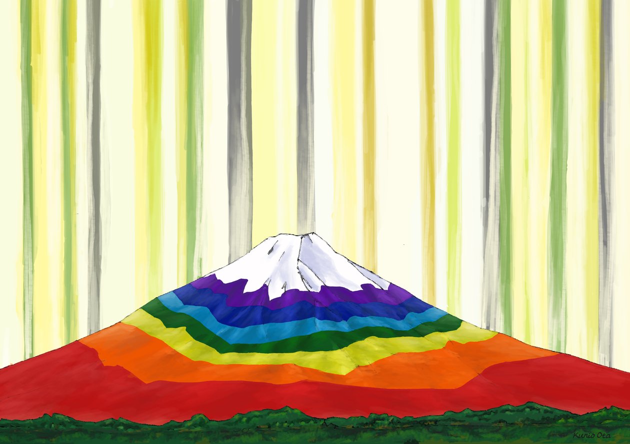 Regnbågsfärgat Fuji-berg i ljuset #2 , 2023 (digital målning) av Kunio Ota