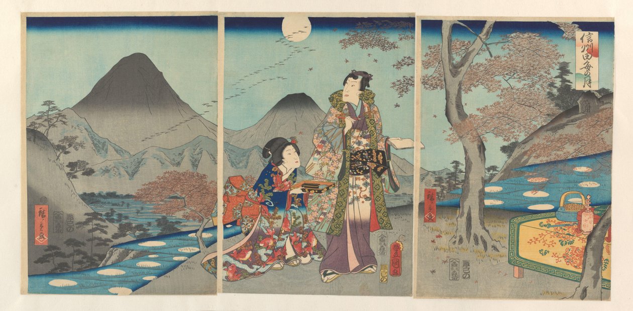 Månen reflekterades i Shinanos risfält Shinshû tagoto no tsuki (titel på objekt) av Kunisada (II) , Utagawa
