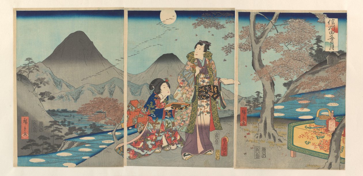 Månen reflekterades i Shinanos risfält Shinshû tagoto no tsuki (titel på objekt) av Kunisada (II) , Utagawa