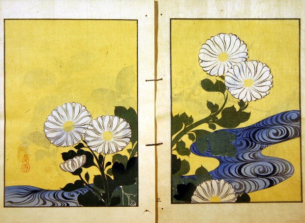 Blommor bredvid en bäck, från en upplaga av Kigyokus verk publicerad av Kobayashi Bunshi 1901 (färg litho) av Kurokawa Yasusada Kigyoku
