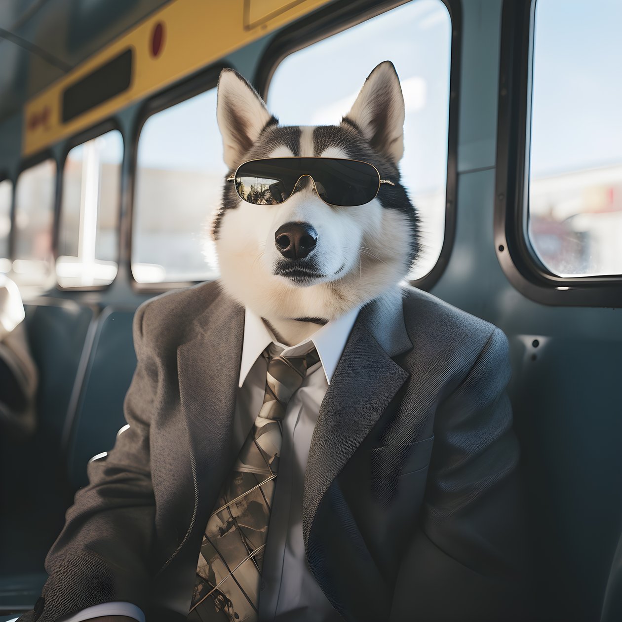 En Siberian Husky-hund i kostym och solglasögon på busstationen, som en gentleman 2 av Kurt Heppke