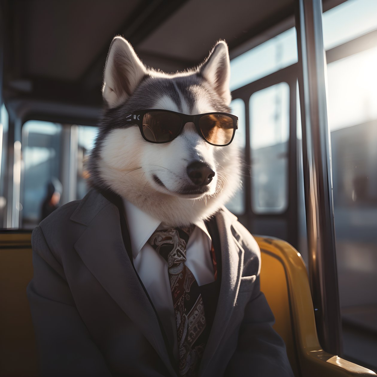 En Siberian Husky-hund i kostym och solglasögon på busstationen, som en gentleman 3 av Kurt Heppke
