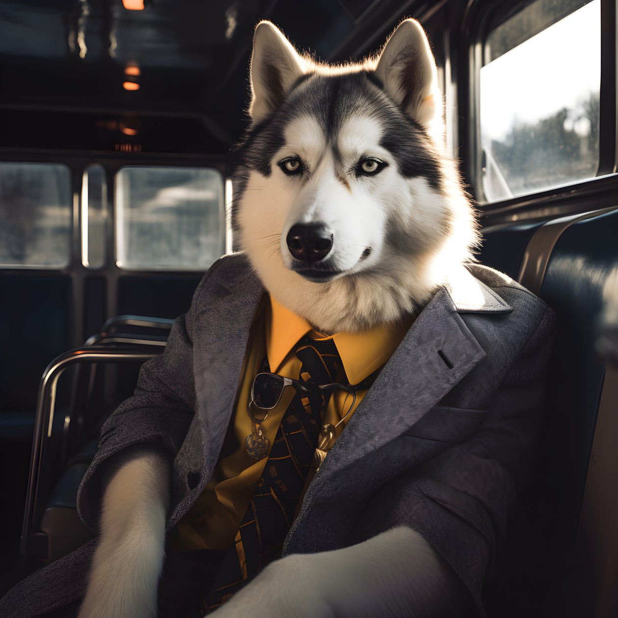 En Siberian Husky-hund i kostym och solglasögon på busstationen, som en gentleman 4 av Kurt Heppke