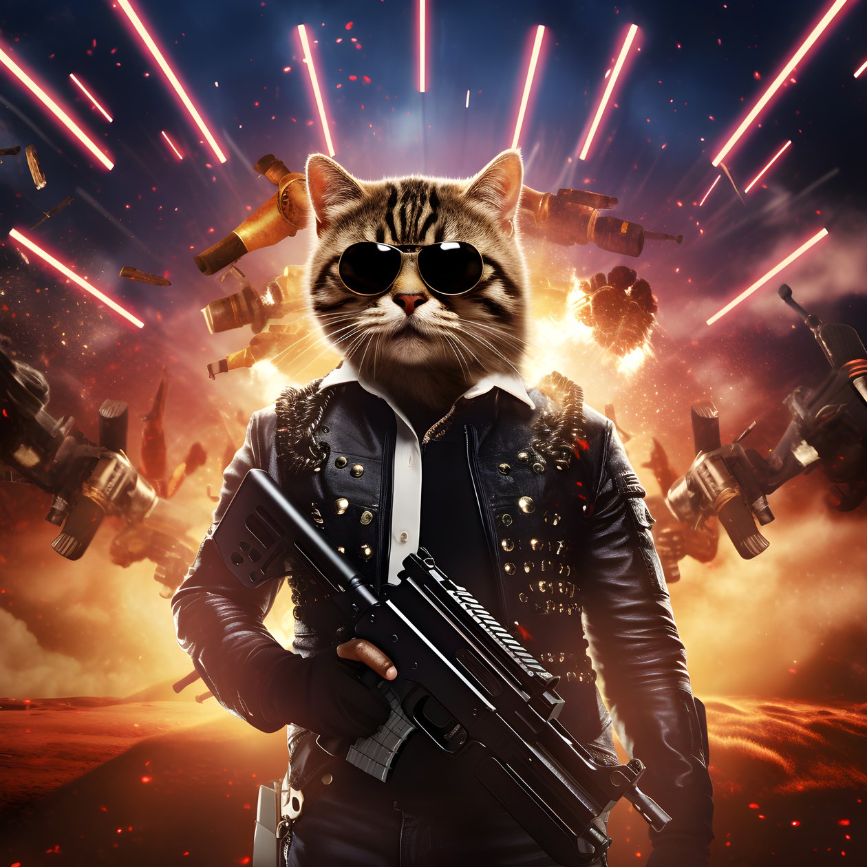 Filmaffisch av en katt som bär en svart och vit prickig skjorta och glänsande solglasögon med explosioner och kanoner i bakgrunden 2 av Kurt Heppke
