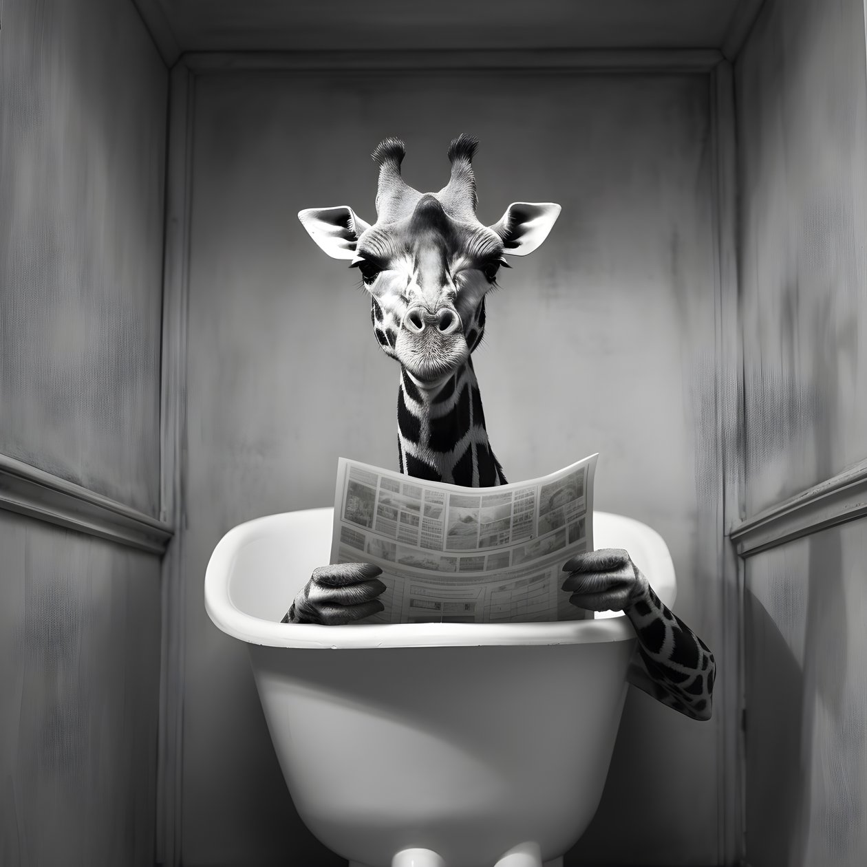 Glad giraff sitter på toaletten med tidning 1 av Kurt Heppke