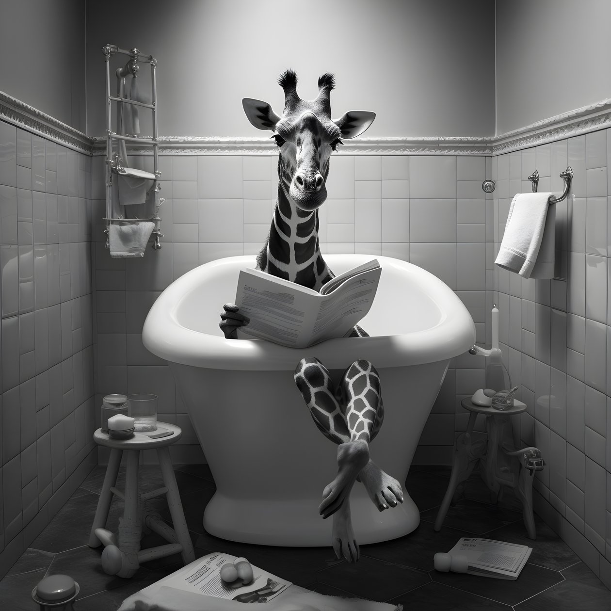 Glad giraff sitter på toaletten med tidning 2 av Kurt Heppke