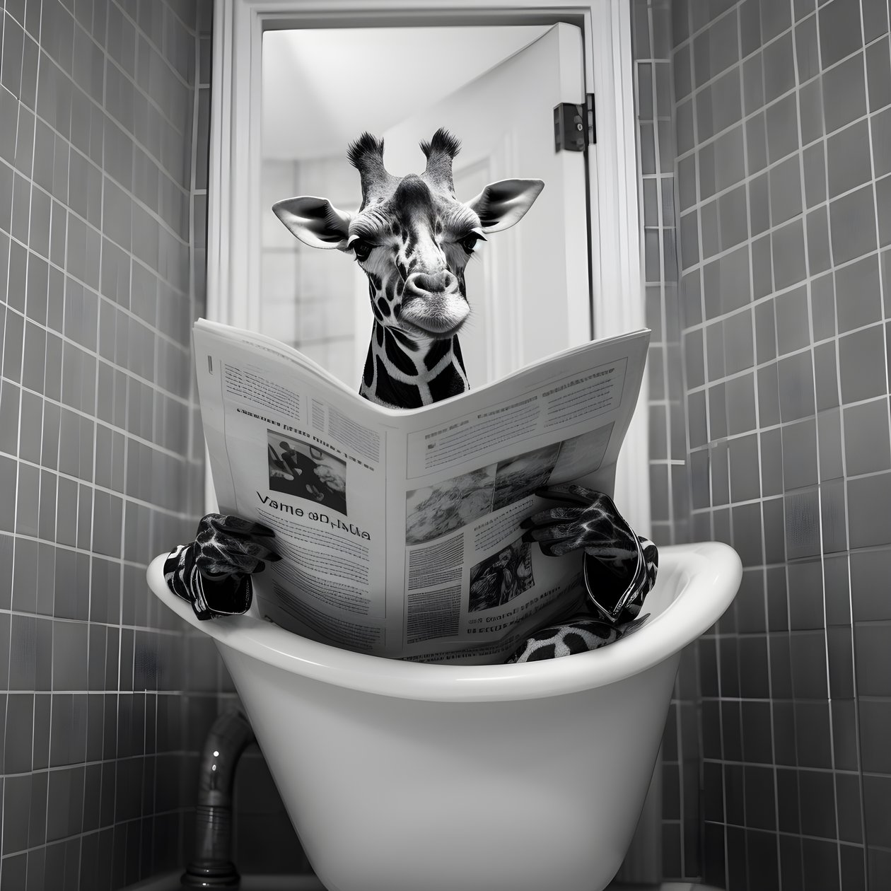 Glad giraff sitter på toaletten med tidning 3 av Kurt Heppke