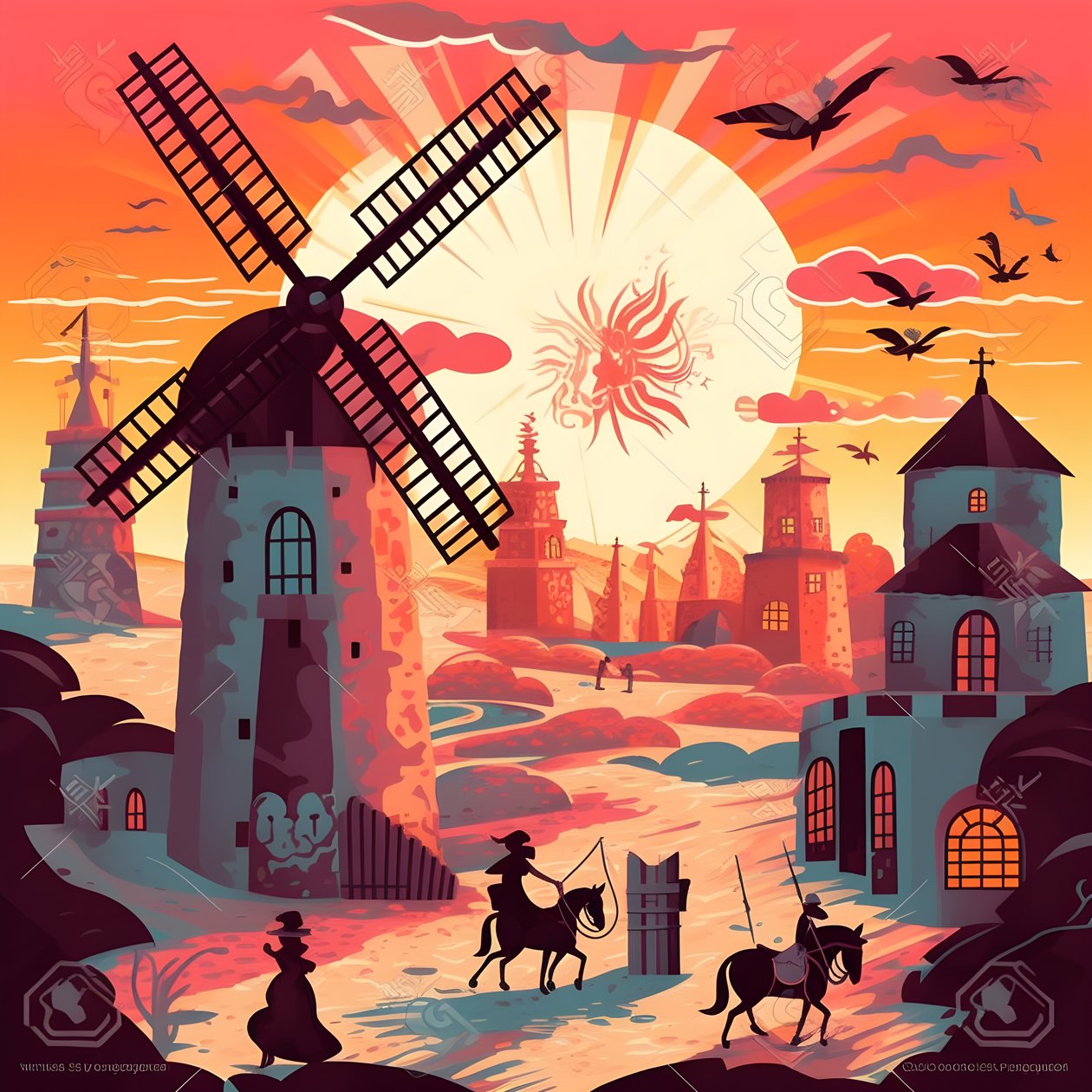 Bakgrund Don Quijote längst till höger på sin åsna liten som en skugga, framför väderkvarnarna, en passande bakgrund 2 av Kurt Heppke