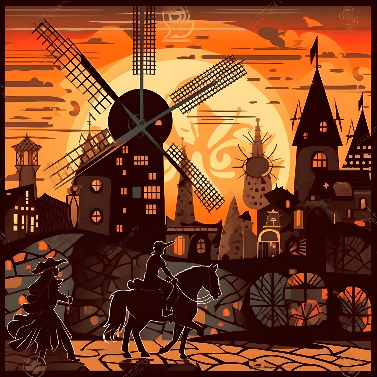 Bakgrund Don Quijote längst till höger på sin åsna liten som en skugga, framför väderkvarnarna, en passande bakgrund 4 av Kurt Heppke
