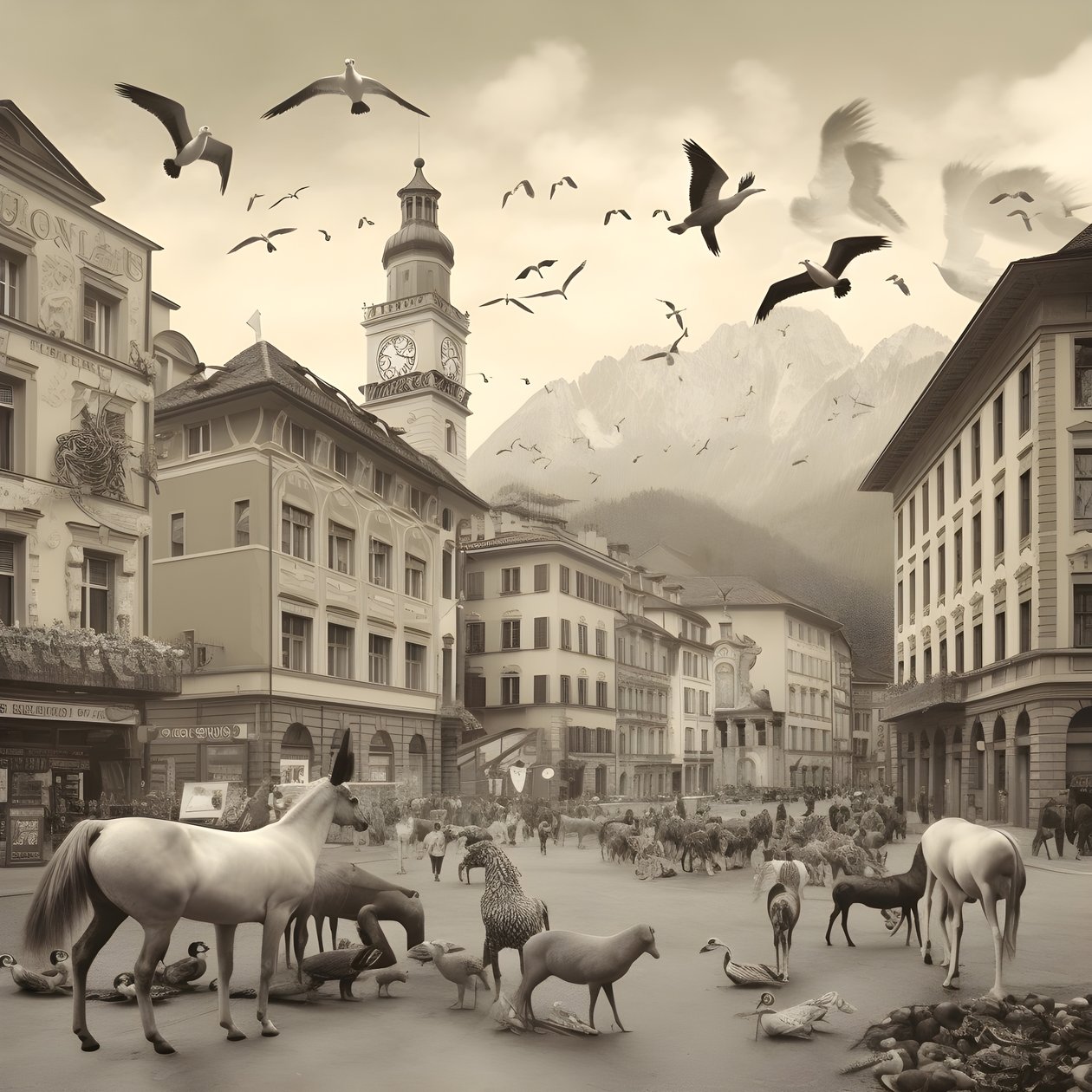 Innsbruck i ett gammalt fotografi med eleganta zebror, måsar, apor och lerfigurer. 1 av Kurt Heppke